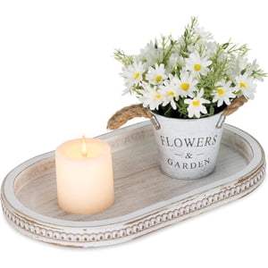 Hanobe Beaded Edge Whitewashed Wood Oval Tray