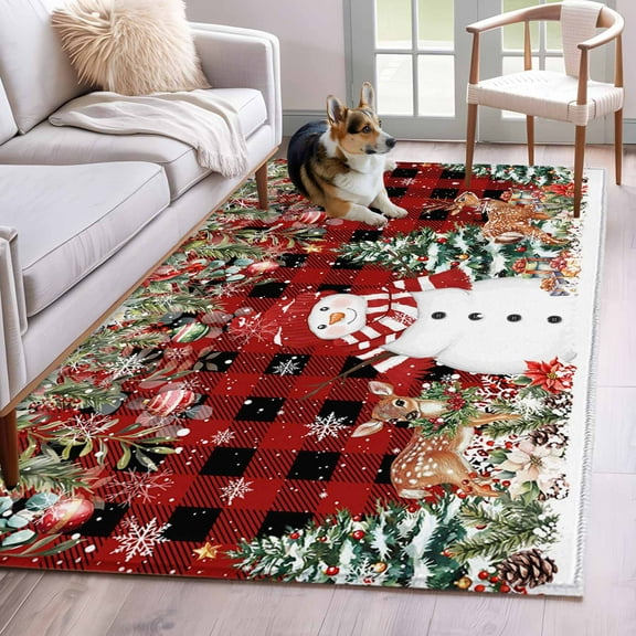 Red Black Plaid Christmas Area Rug 3x5 Washable Rug Non Slip Snowman Xmas Tree Poinsettia Large Area Rug Indoor Floor Carpet for Entryway Bedroom Kitchen Living Room Home Office Dining Room Nursery