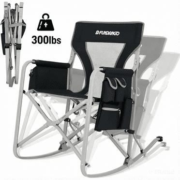 FUNDANGO Black Folding Rocking Camping Chairs for Adults, Outdoor Foldable Rocking Chair for Camping, Rocker Supports Up to 300lbs, Heavy Duty Portable Camping Chairs for Outside, Black-Grey