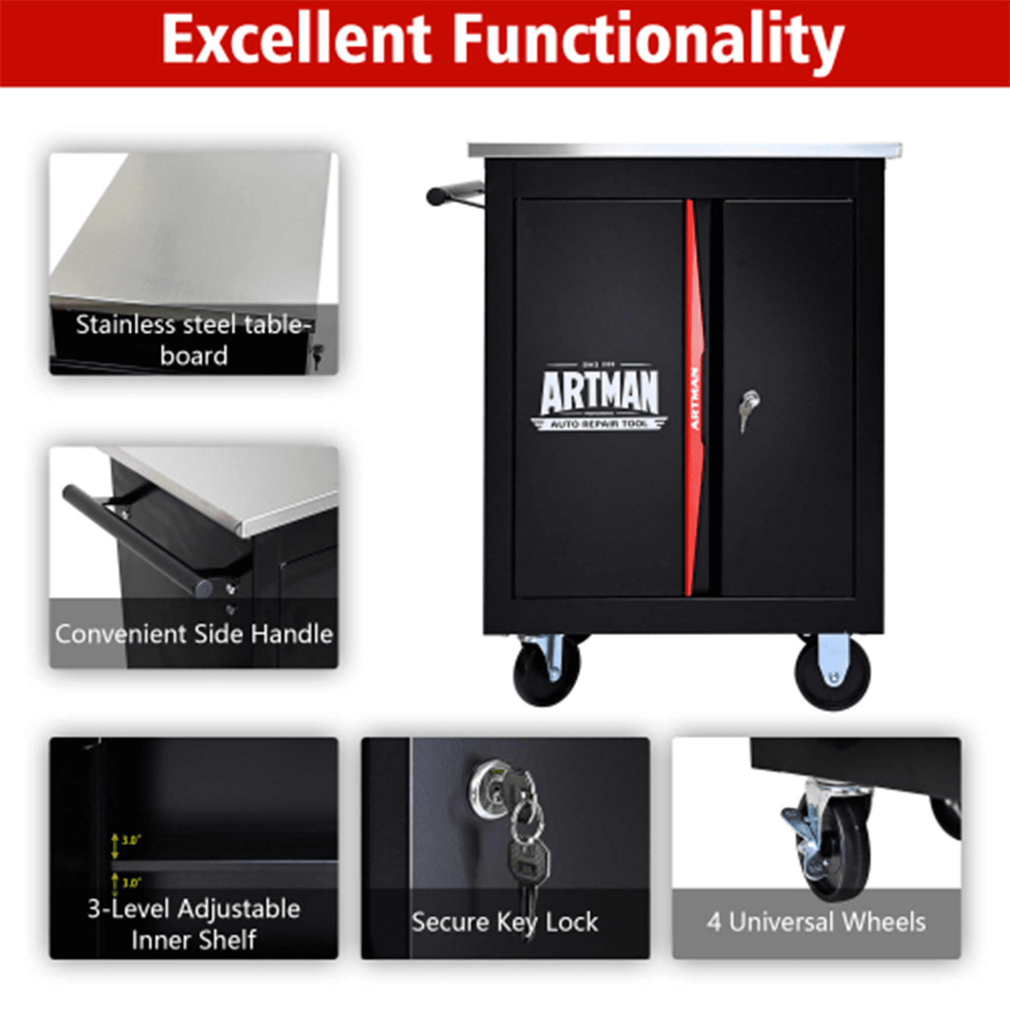 ARTMAN Double-Door Tool Storage Chest, Heavy Duty Tool Cart Cabinets ,Steel Rolling Tool Box for Workshop Garage Repair Shop