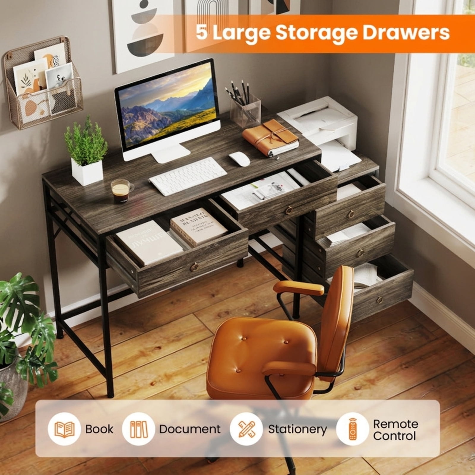 Furnibear Computer Desk with 5 Drawers, Home Office Desk with Side File Cabinet and Metal Frame for Study Writing Working, Grey