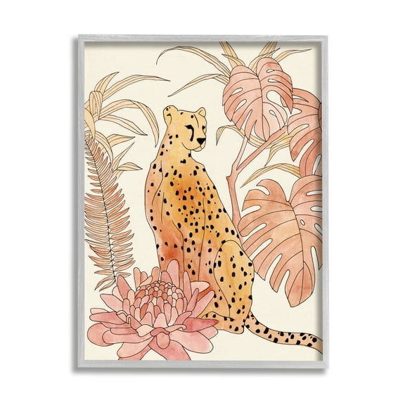 Stupell Industries Poised Cheetah Tropical Blush Monstera Fern Forest Animals & Insects Painting Gray Framed Art Print Wall Art, 24 x 30