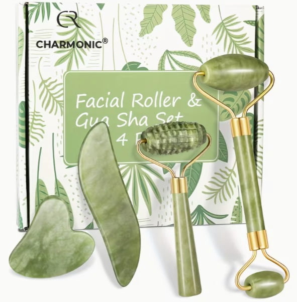 4pcs Facial Roller & Gua Sha Set - Natural Stone Facial Massager with Gua Sha Scraping Tool for Skincare and Relaxation