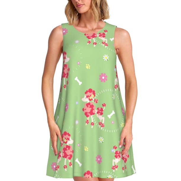 Fotbe Cute Poodle Dog Vestido de Verano sin Mangas para Mujer – Vestido Midi Línea A, Estilo Camiseta Floral, Vestido Playero Casual y Fluido