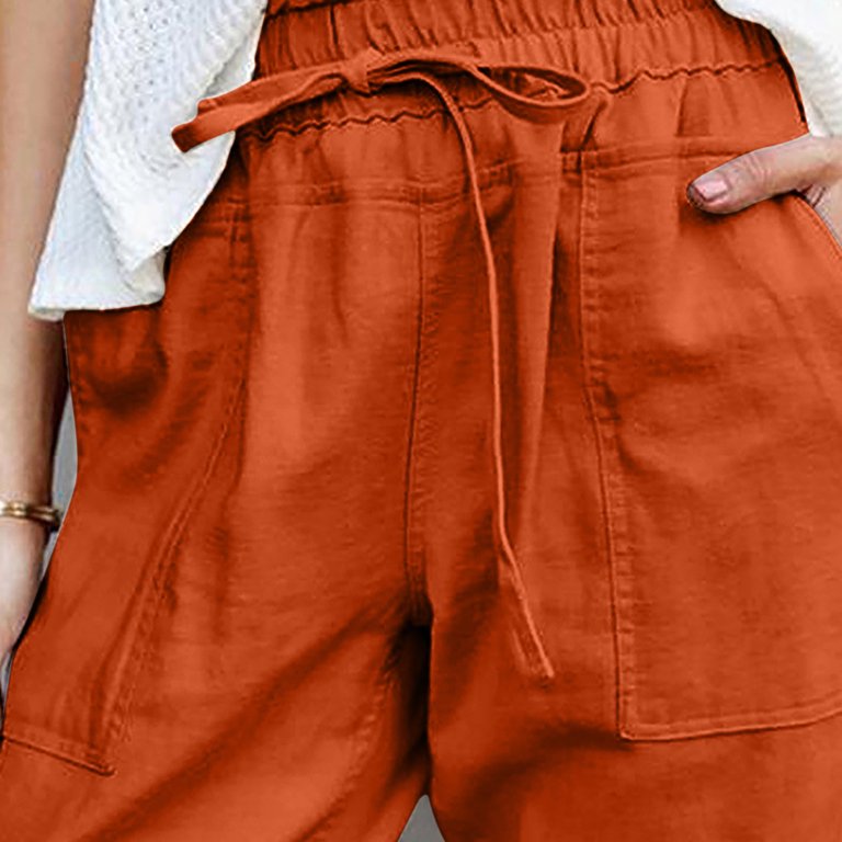 YWDJ Dressy Joggers for Women Women Casual Solid Cotton Linen Drawstring  Elastic Waist Calf Length Pencil Pants Orange L 
