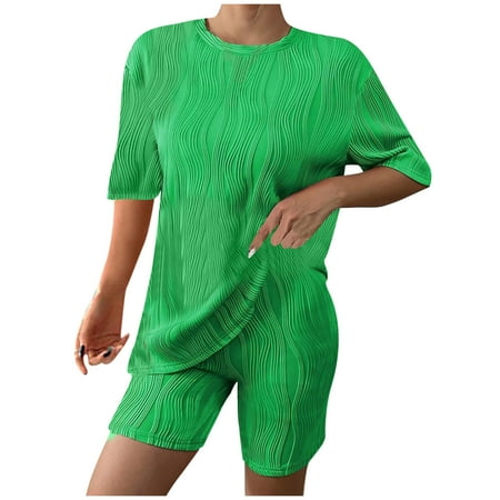 Women s Summer Slim Casual Loose Water Ripple Short Sleeved Round Neck Top Shorts Two-piece Set Straight Leg Dress Pants (Green L)