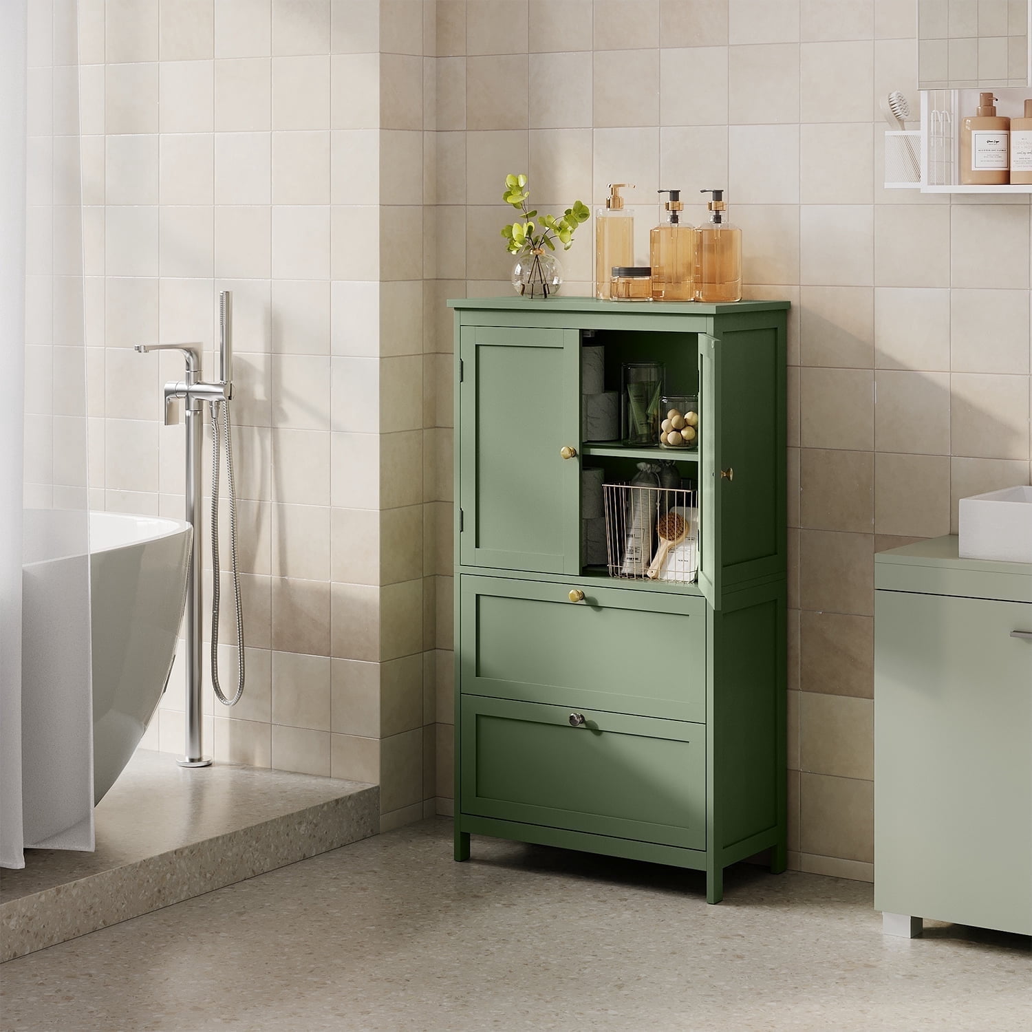 LEDREM Bathroom Floor Storage Cabinet, Freestanding Cabinet with 2 Doors 2 Drawers, for Kitchen Living Room Small Spaces,Green