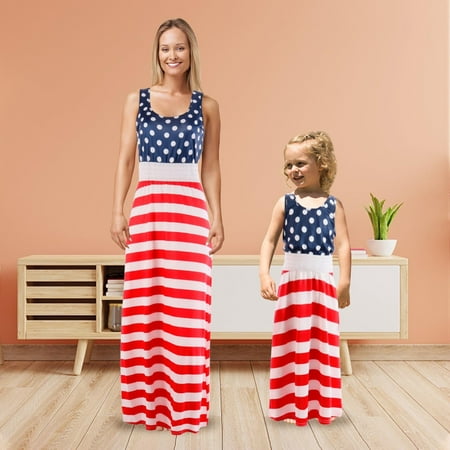 

YWDJ Matching Family Pajamas Spring And Summer Clothes Independence Day Flag Mother And Daughter Casual Striped Dress Blue(Blue Kids XXS)