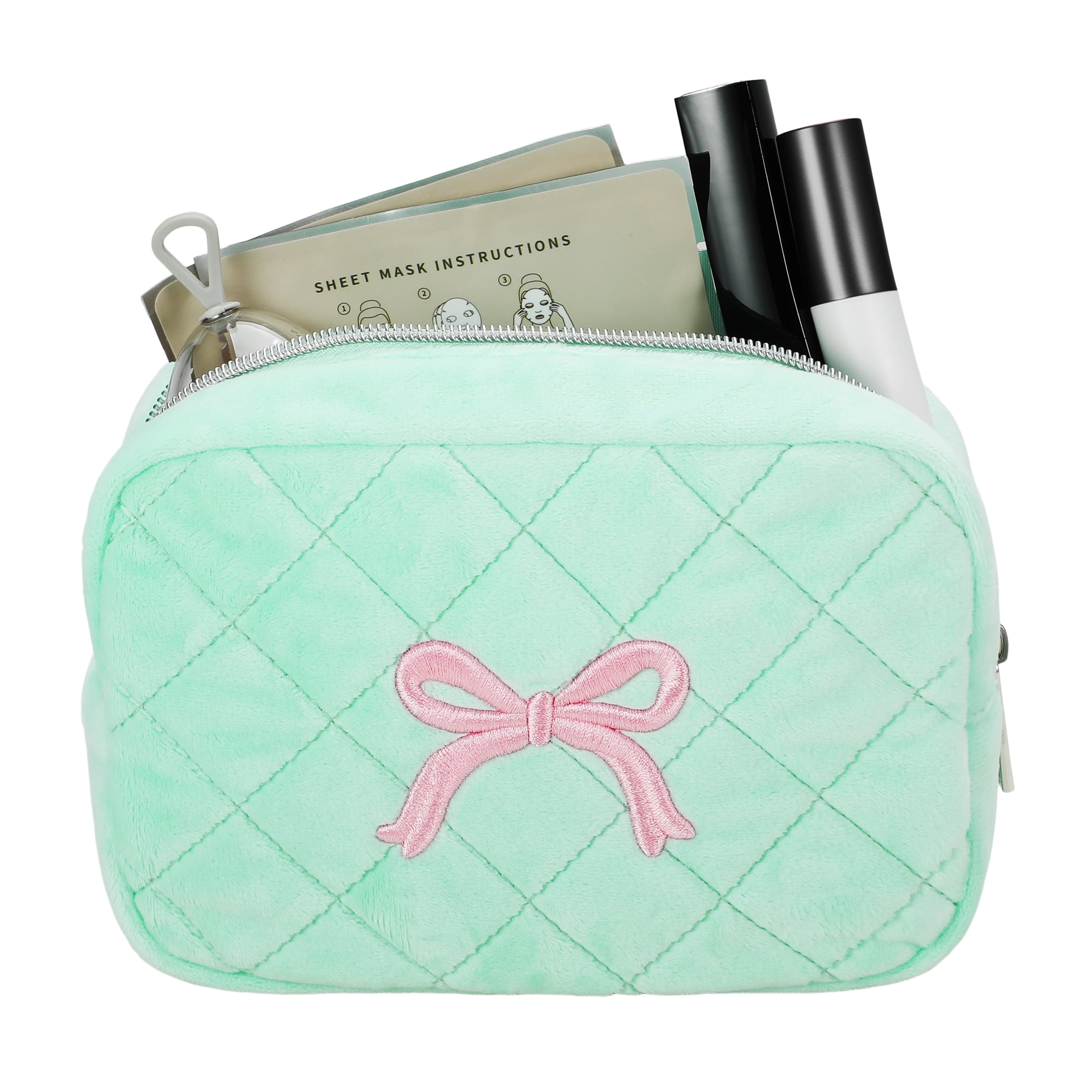 Beauty Gifts Velvet Cosmetic Bag for Travel, Blue Makeup Zipper Pouch with Pink Bow Embroidery