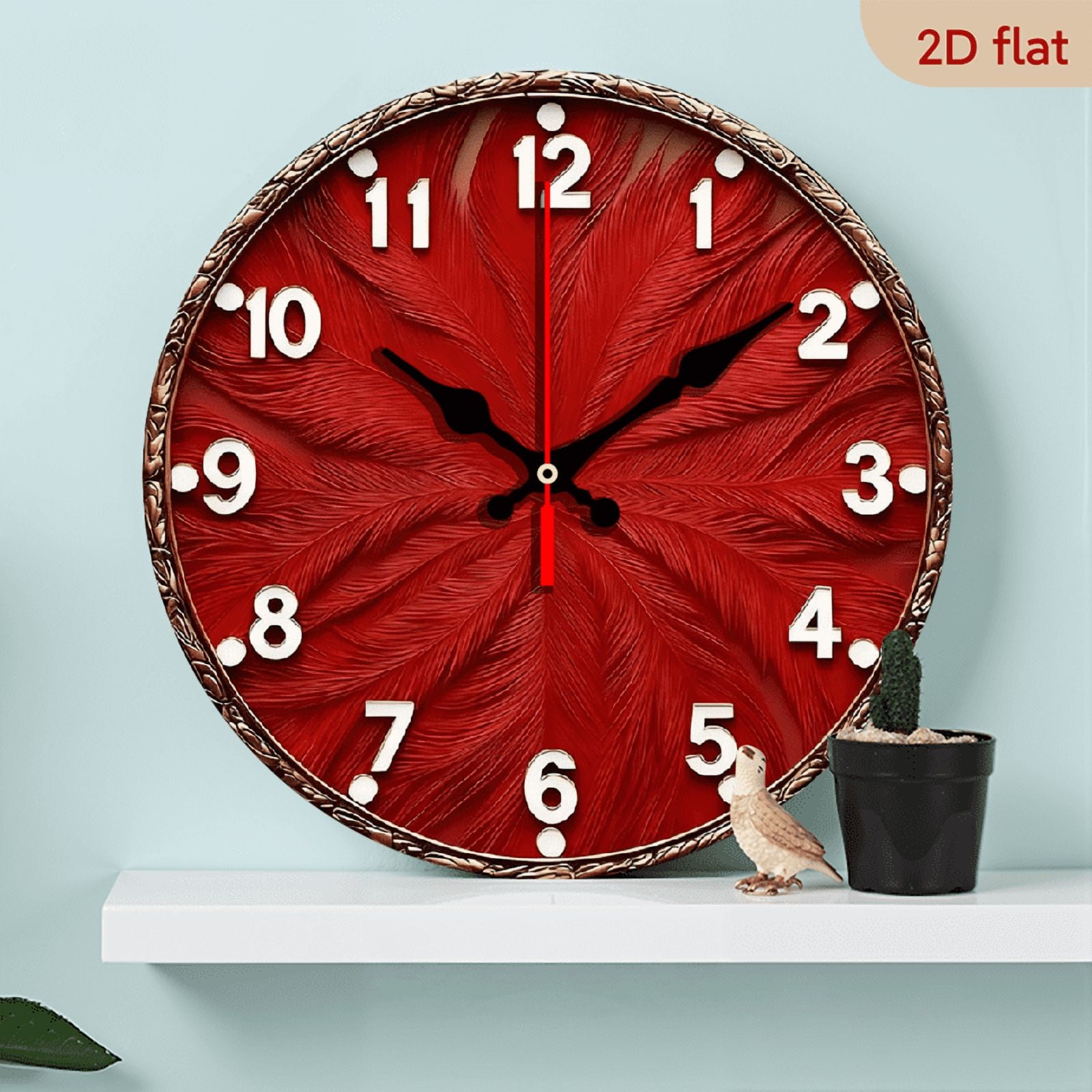 2D Flat 1pc 10Inch Wooden Red Theme Wall Clock - Silent Non-Ticking Modern Round Clock with Hands Red Dial, 10Inch Large Easy-to-Read Numbers, Bedroom, Office, Kitchen, Bathroom - Christmas