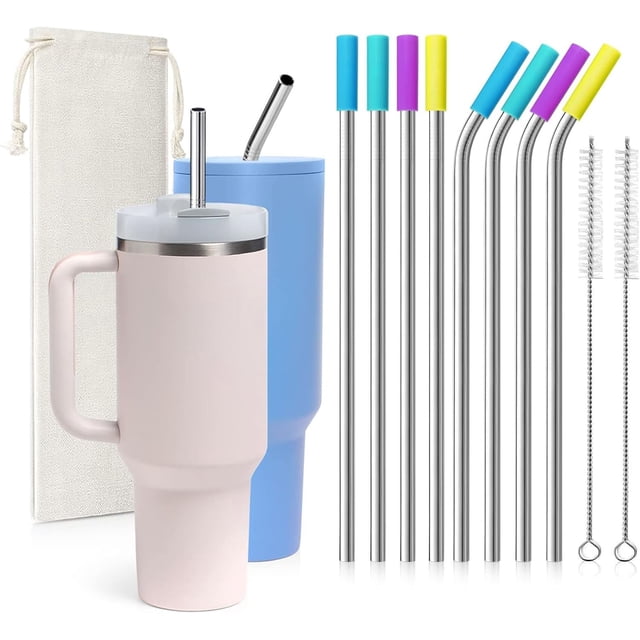 Set de 8 Piezas de Popotes de Acero Inoxidable, Pajitas con Puntas de Silicón, Cepillo y Bolsita para transportar, Popotes Reusables Metalicos para Vasos