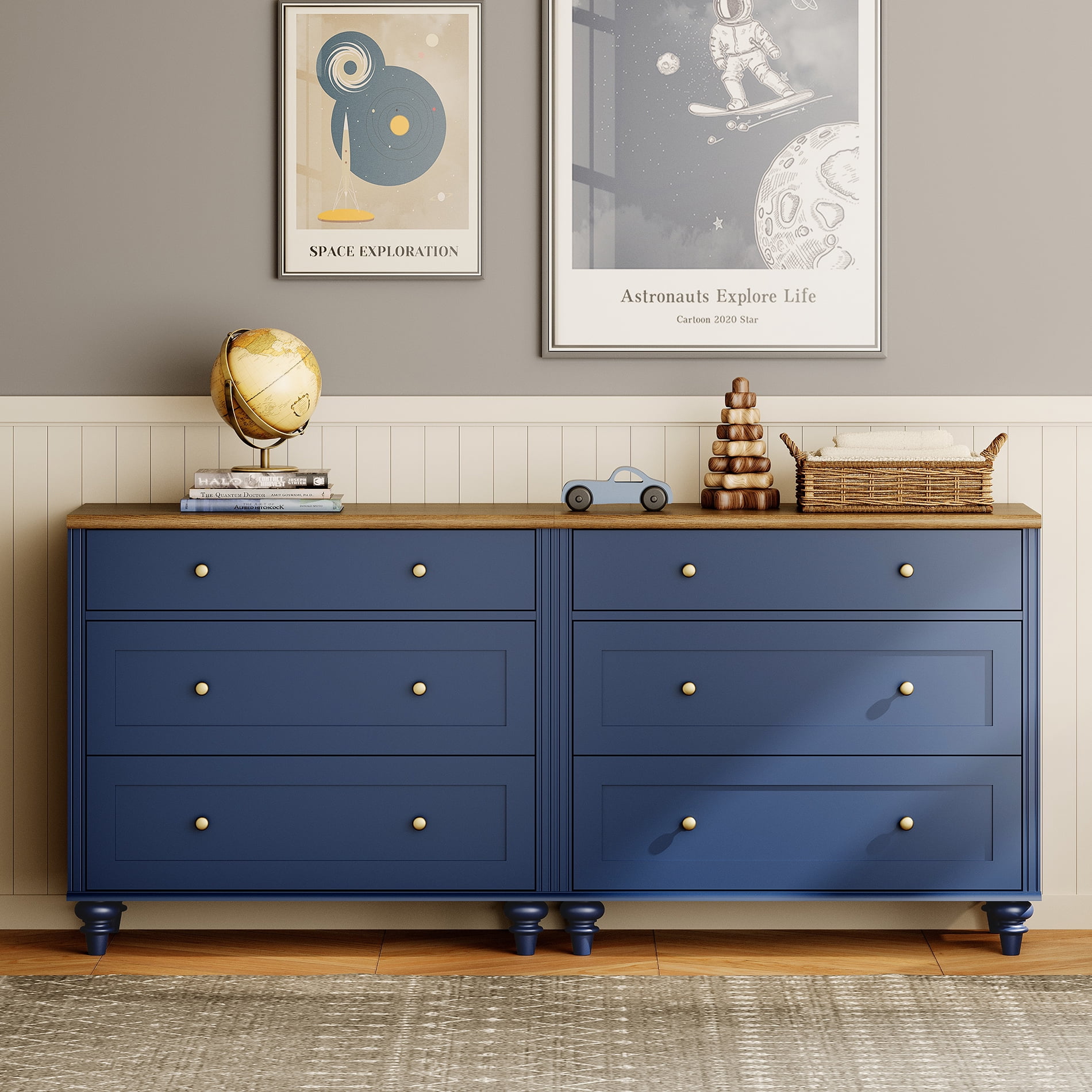 Dresser for Bedroom with 6 Drawers, Kids Dressers with Wide Chest of Drawer, Mid Century Modern Wooden Closet Storage Organizer, Large Wood Dressers for Living Room, Nursery, Hallway, Navy Blue