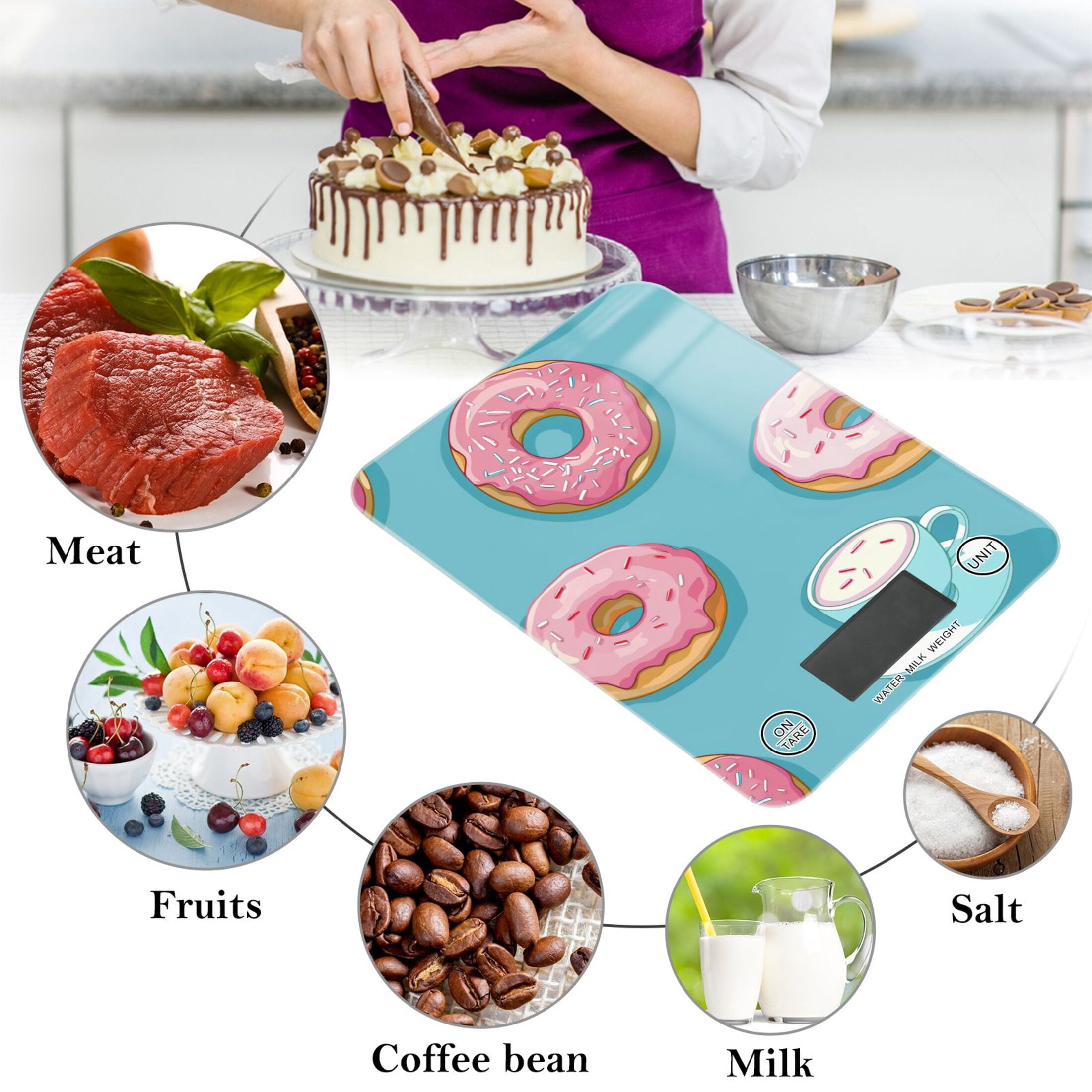 Donuts with Coffee Food Scale Digital Kitchen Scale Waterproof Tempered Glass Tare Function 11 lb for Baking Cooking Meal Prep