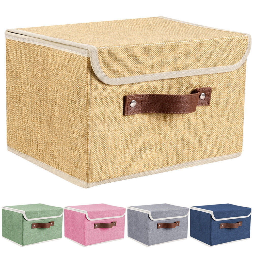 Small Storage Boxes with Lids 2 Pack Linen Collapsible Cube Storage Basket  with Handle, Jane's Home Foldable Fabric Storage Box with lids Organizer