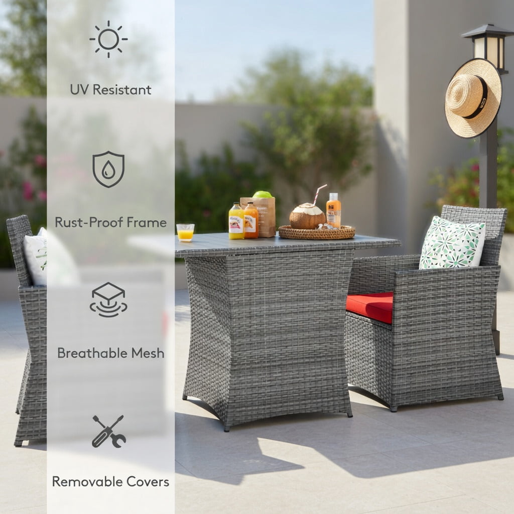 Hommoo 3-Piece Outdoor Rattan Patio Furniture Set, Steel Frame Sofa & Table with Washable Cushions, Red