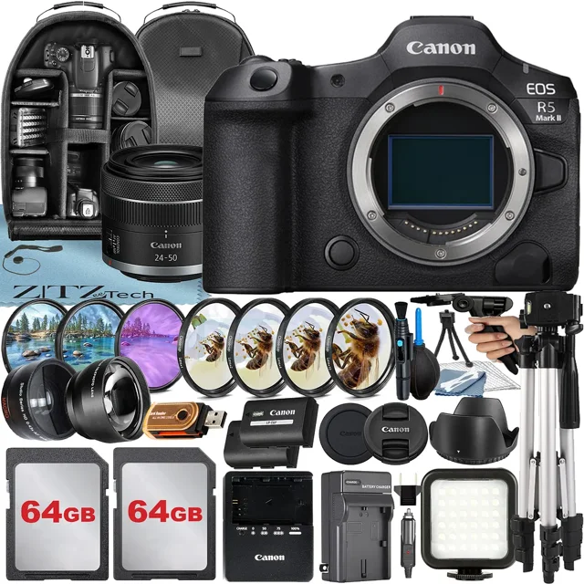 Canon EOS R5 Mark II Mirrorless Camera with RF 24-50mm Lens + Wideangle + 2 Pack 64GB Memory Card + Backpack + LED Flash + ZeeTech Accessory