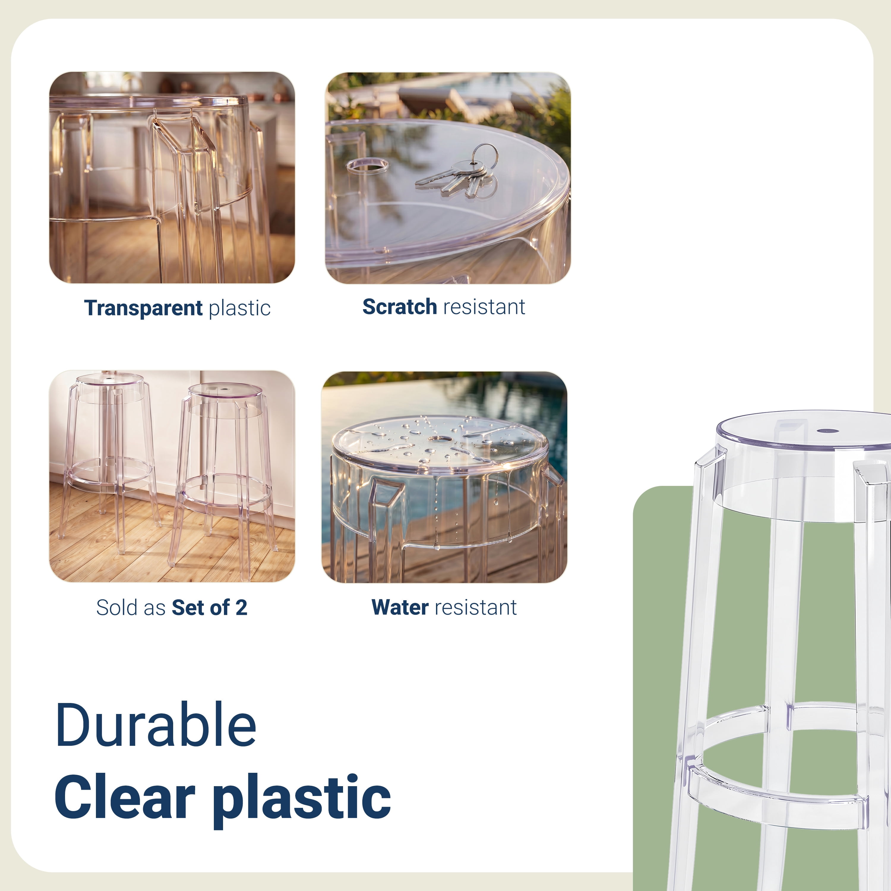 Clear Acrylic Bar Stools Set of 2 Stackable Ghost Bar Height Stools 330 lbs Capacity for Kitchen Island Home Bar