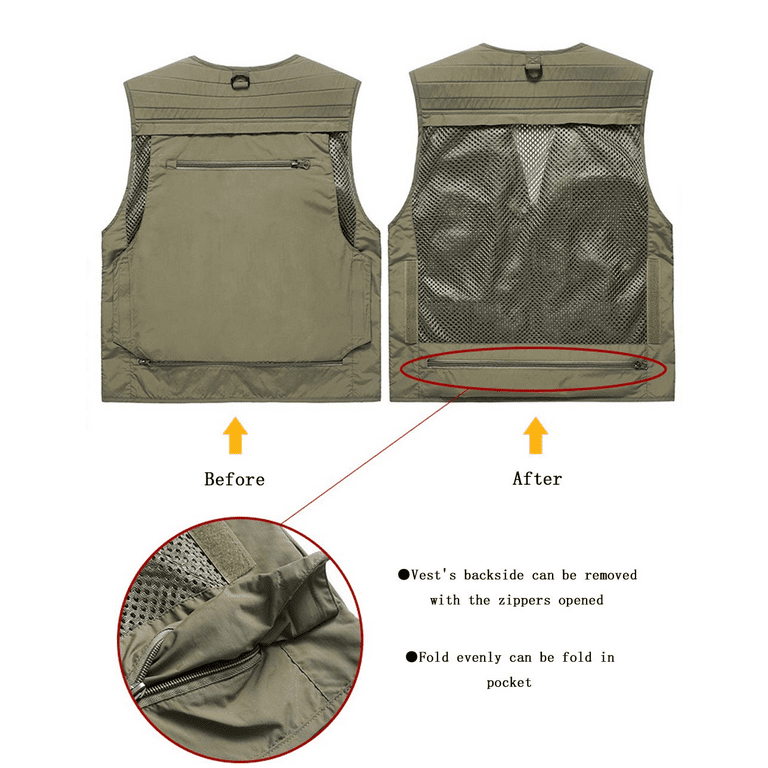Hotian Fishing Vest Jcket for Men and Women Quick-Dry Outdoor Cargo Utility Vests with Multi-Pocket for Travel Work Photography Khaki Xxxxl, Men's