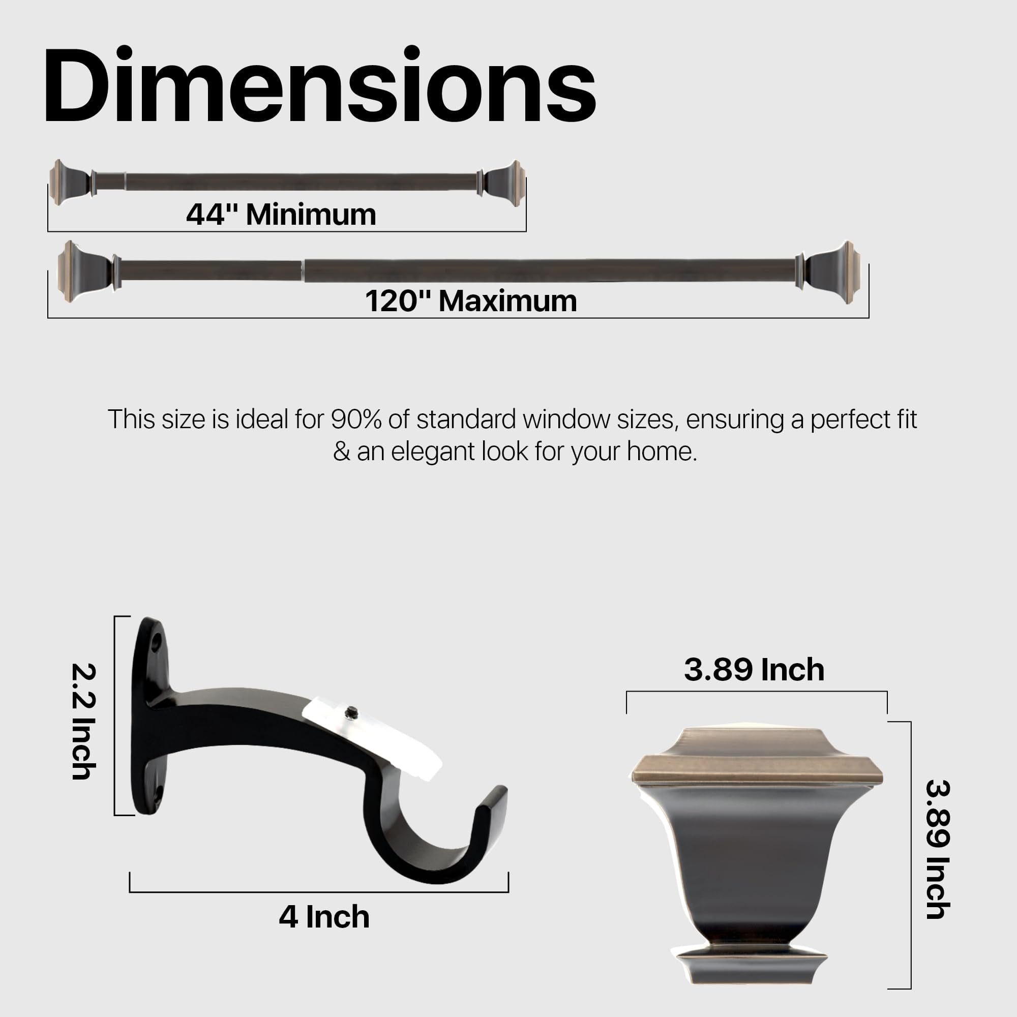 Deco Window Contemporary 1 Inch Bronze Quattro Adjustable Single Curtain Rods, 44 - 120