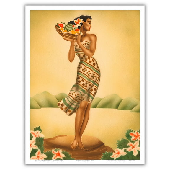 Tropical Harvest - Hawaiian Woman holding a Basket of Fruit - Vintage Hawaiian Airbrush Art by Gill c.1940s - Master Art Print (Unframed) 9in x 12in