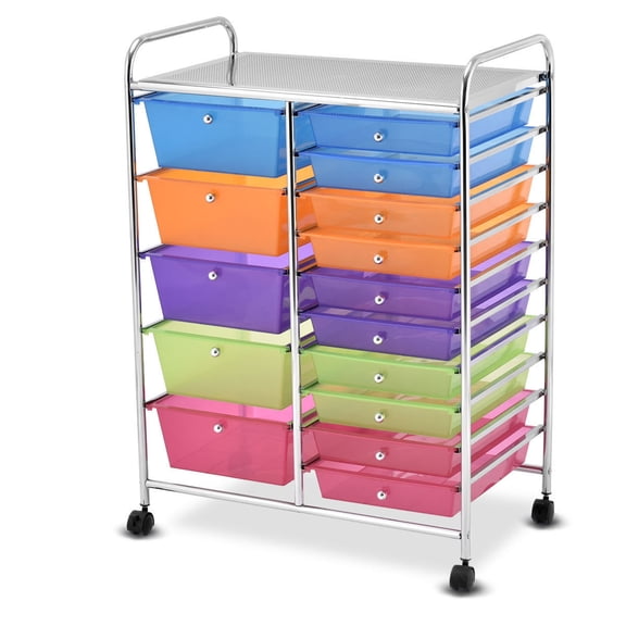 Gymax 15 Drawer Rolling Storage Cart Opaque Multicolor Drawers Home Organizer Colorlful