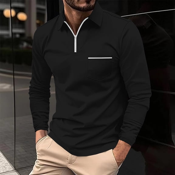 Aobny Mens Shirts Pocket Plain Cotton Tshirts Big & Tall Long Sleeve Polos Collared Men's T-Shirts,Black,L