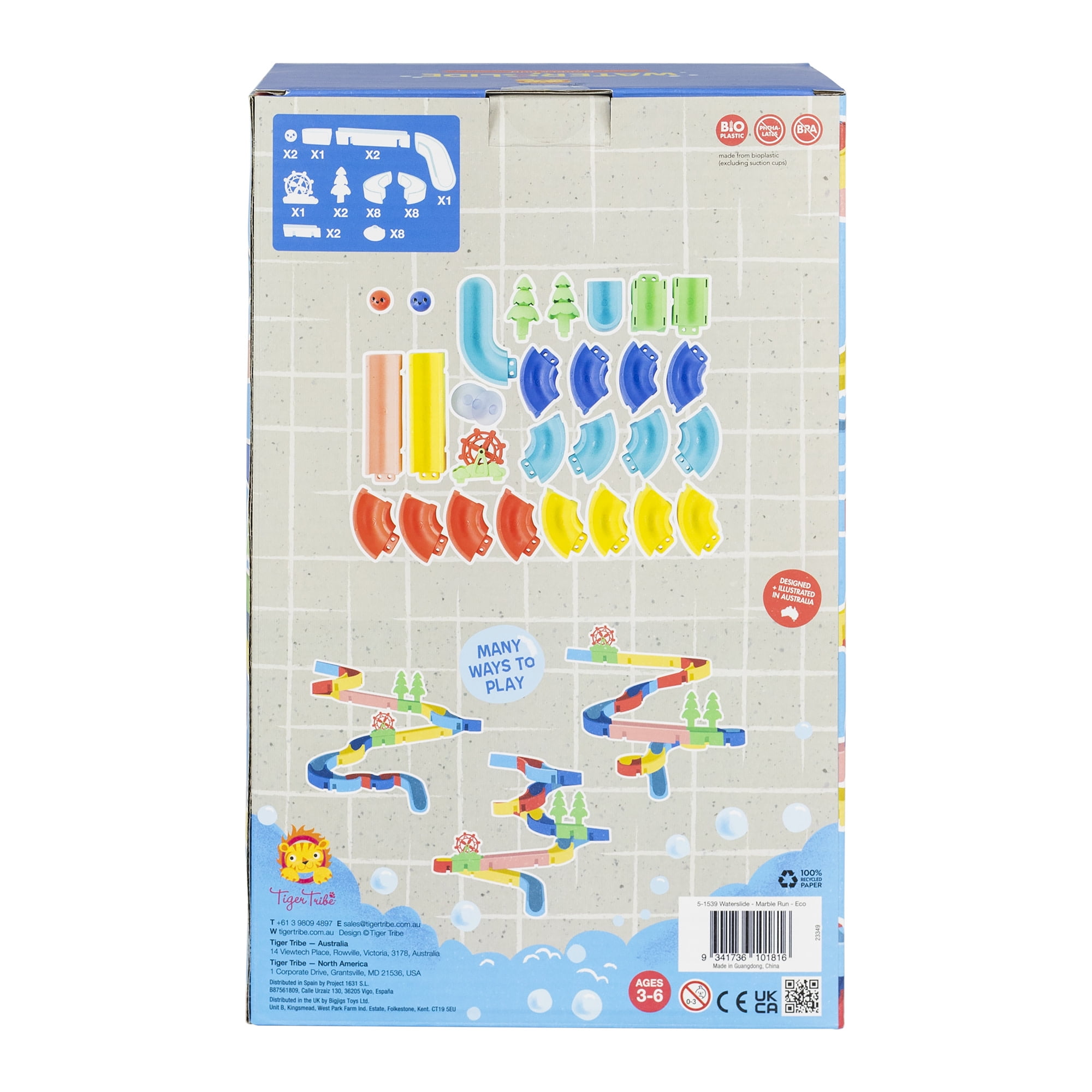 Tiger Tribe Waterslide Marble Run - Interactive ECO Bath Toy with 25 Configurable Pieces & Suction Cups, Fun for Kids, STEM Learning, 2 Balls Included