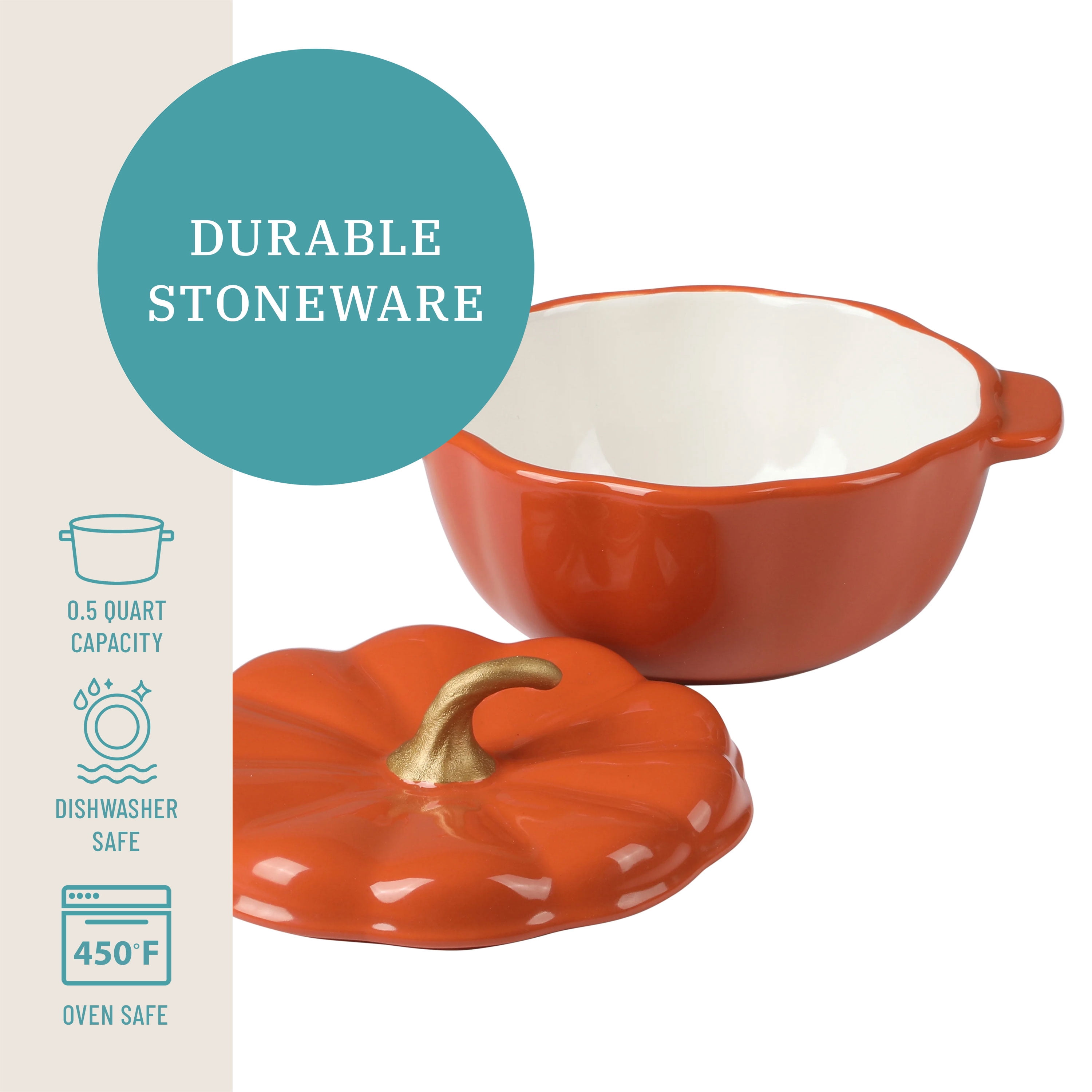 The Pioneer Woman .5 Quart Pumpkin Stoneware Mini Cocottes with Lids, Orange, Set of 3
