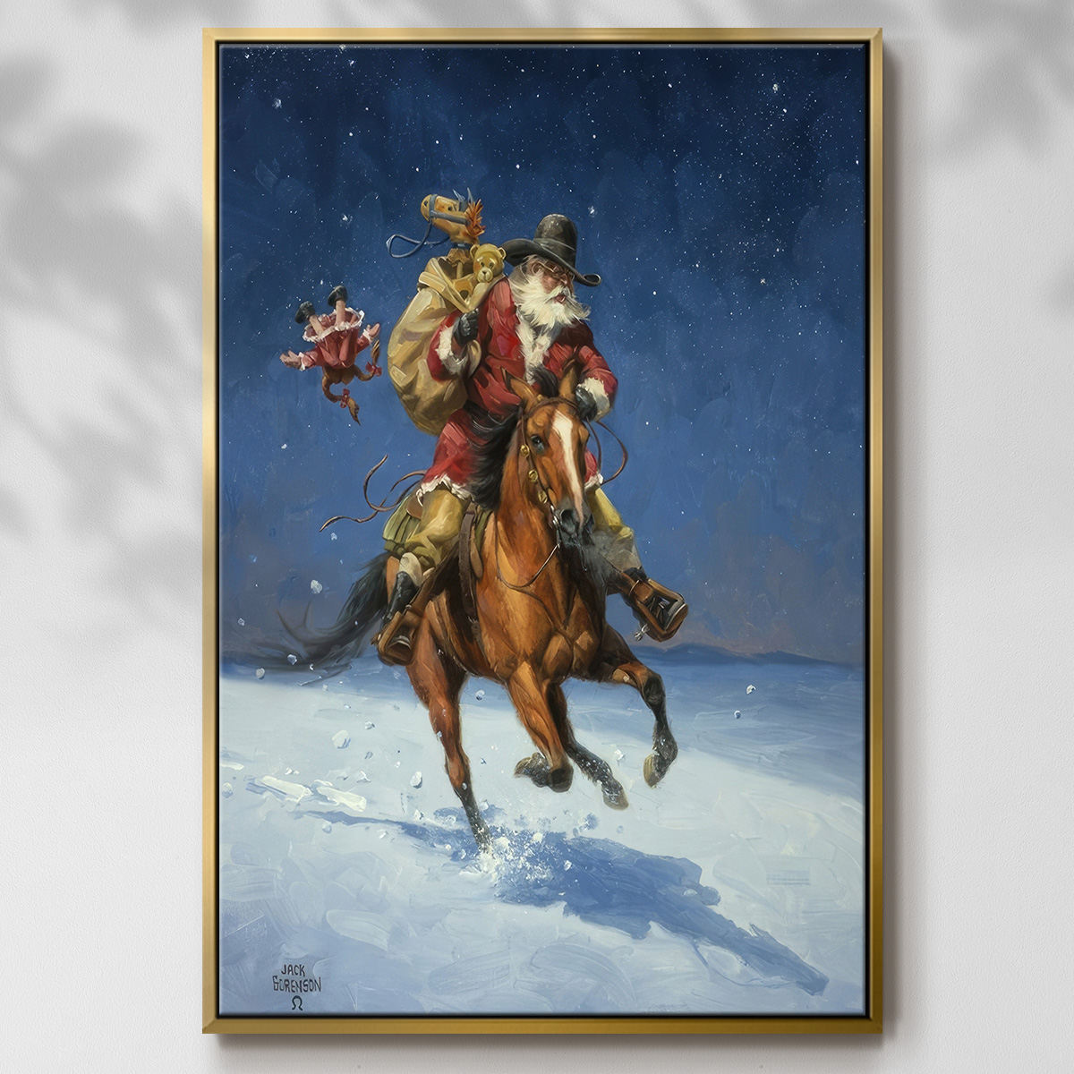 Midnight Rider - Framed Gallery Wrapped Holiday Canvas - 27 x 41 - Gold Frame