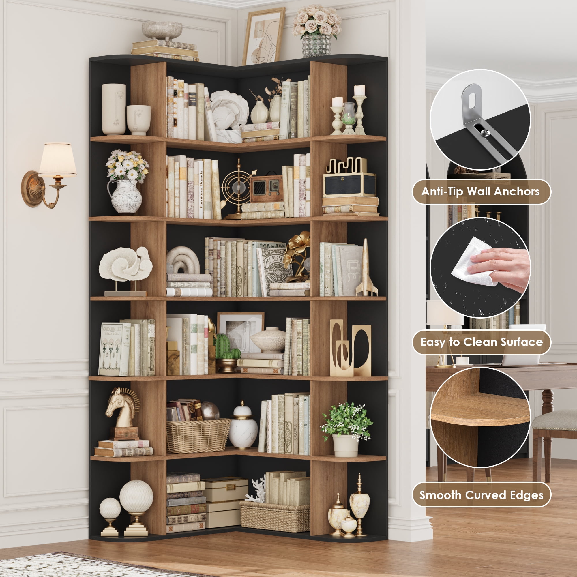 Homfa 73.9” Tall Corner Bookcase, 6 Tier L-Shaped Large Display Bookshelf with Curved Edges for Living Room Home Office Study, Black & Oak