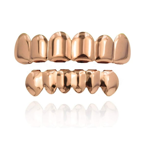 Rose Gold Plated Hip Hop Caps Custom Fit Top & Bottom Grillz Set Teeth Grills Mouth Hop Custom Fit Polished Teeth Grillz