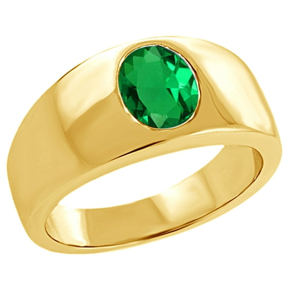 2.30 Ct Oval Created Green Emerald Men's Solitaire Ring In 14K Yellow Gold Over Sterling Silver