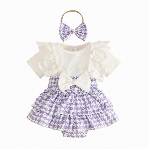 enyan Infant Baby Girl Summer Outfits Lace Ruffle Short Sleeve Ribbed Romper Dress with Headband,Purple,0-3 Months