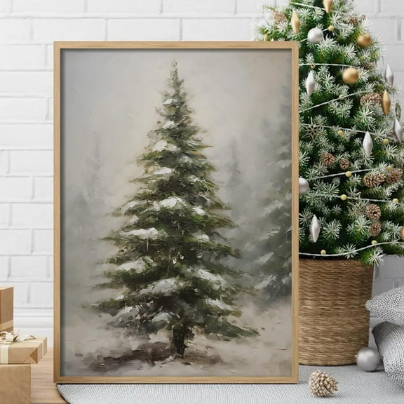 Snowy Pine Tree Poster Rustic Winter Holiday Wall Art Home Decor, 8x12 UNFRAMED