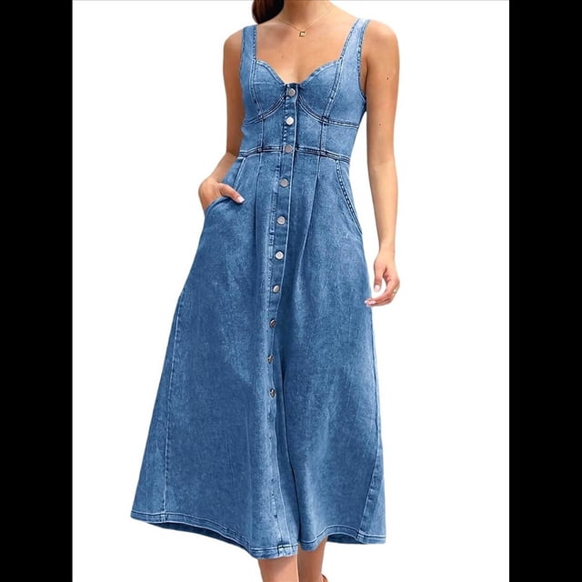 Vestido Vaquero Maxi con Tirantes para Mujer, Sin Mangas, de Verano, Ajustado y con Cuello Halter. Azul Oscuro L
