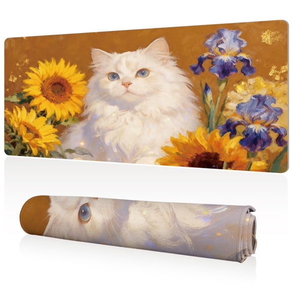 LIVEKEY Mouse Pad Ultra Large 80x40x0.3cm Full Desk Coverage with White Cat and Sunflower Painting Art for Gaming and Office