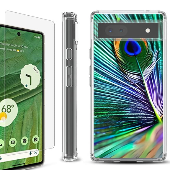 Shockproof Bumper Phone Case for Google Pixel 6a, with Tempered Glass Screen Protector, by OneToughShield ® - Peacock Feather