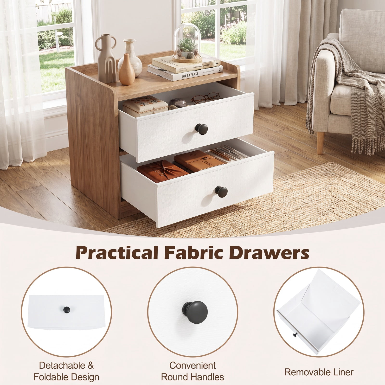 Furnibear Open Accent Cabinet with 2 Drawers 3 Compartments and Countertop Bookshelf Storage for Entryway Living Room and Bedroom, Natural