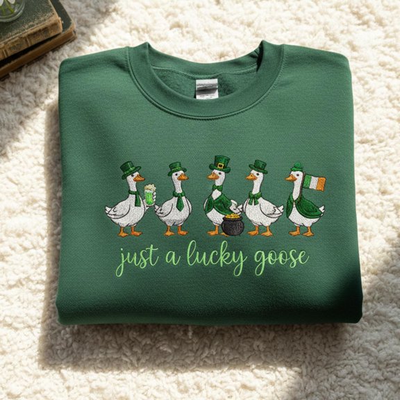 St Patrick's Day Embroidered Sweatshirt, Irish Gift, Cute St Patrick's Shirt, Funny St Patrick Goose, Holiday Goose Top, Festive Apparel