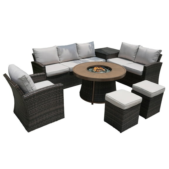 Direct Wicker 7-Piece Patio Conversation Set with Fire Pit Table, Outdoor Sectional Sofa with Brown Wicker