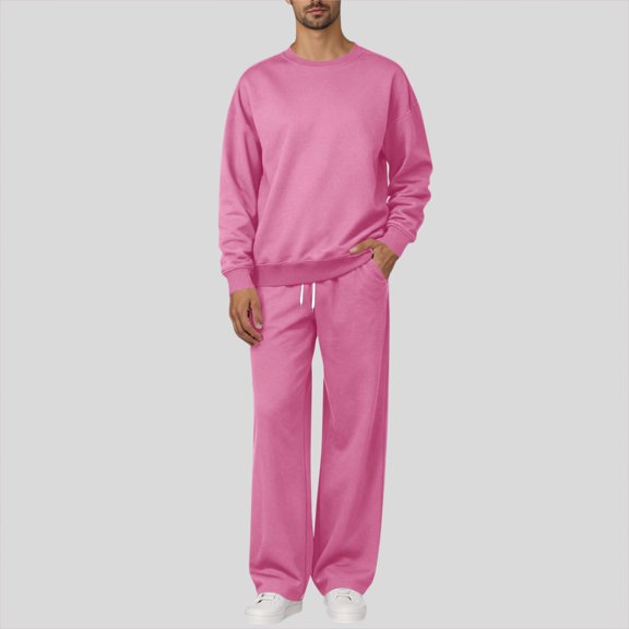 Mens 2 Piece Sweatsuits Crewneck Long Sleeve Pullover Tops Wide Leg Drawstring Pants Solid Color Fashion Comfy Suits Pink S