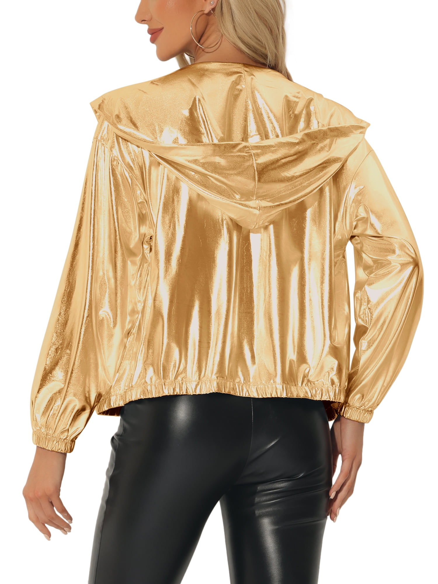 INSPIRE CHIC Women's Holographic Hooded Shiny Casual Long Sleeve Zipper Metallic Jacket XS Gold