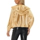 thumbnail image 3 of CHAQUETA METÁLICA BRILLANTE CON CAPUCHA Y CREMALLERA PARA MUJERES INSPIRADA EN CHIC, DE MANGA LARGA, TAMAÑO XS, COLOR DORADO, 3 of 5