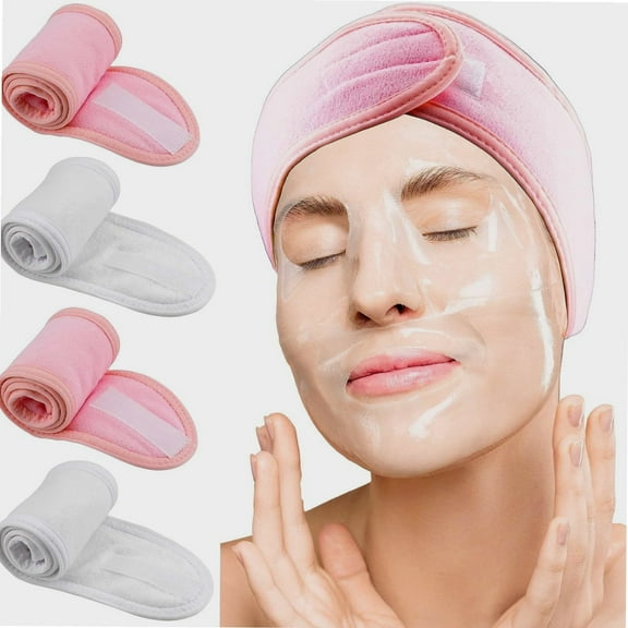 4 Pack Spa Headband Soft Facial Head Wrap Adjustable Face Wash Headband Terry Cloth Makeup Wrap Skincare Head Band Stretch Towel for Bath Shower Face Washing Facial Mask (White and Pink)