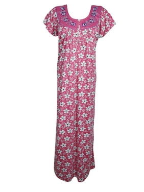 Mogul Women Pink Floral Maxi Dress Cap Sleeves Round Neck Printed Loose Dress, Housedress, Nightwear, Kaftan Dresses L