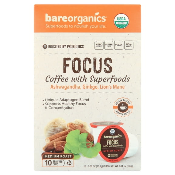 BareOrganics Functional Coffee Single Serve Focus 10 Single-Serve Cups