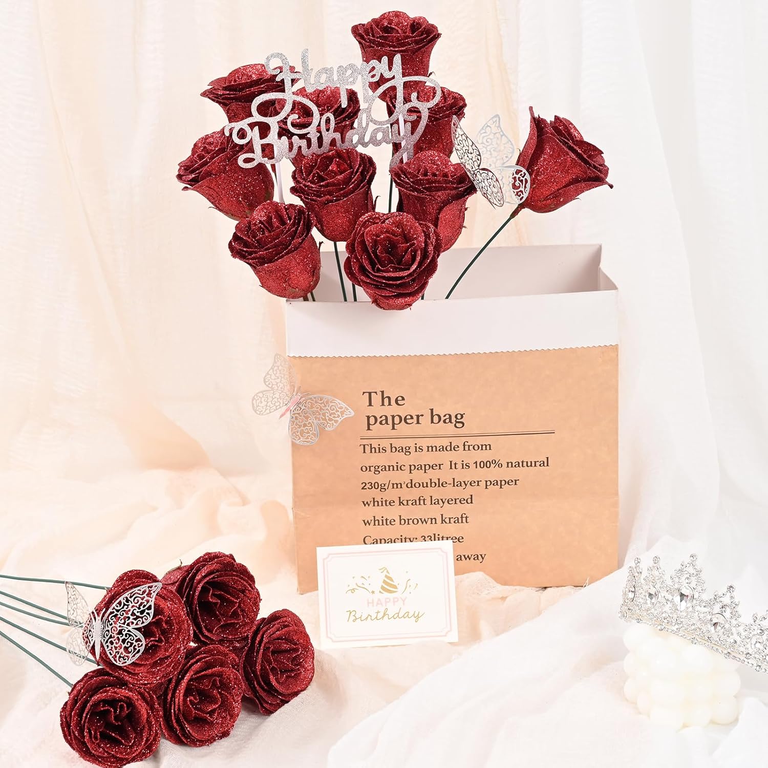 Yastouay Glitter Roses Bouquet, Fake Glitter Flowers Bouquet, Everlasting Shiny Artificial Rose Bouquet for Birthday Gift 36 Roses