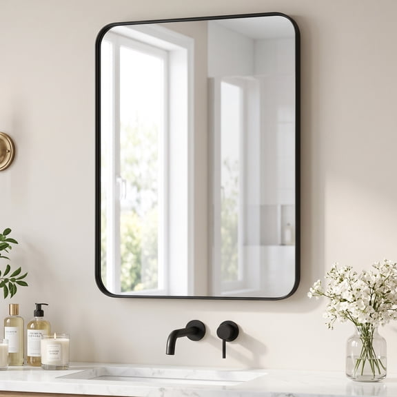 EDX Bathroom Mirror 16"x 20" Wall Mirror with Rectangular Metal Frame, Black