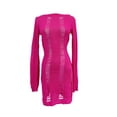 thumbnail image 2 of Women Hollow Out Mini Dress Long Sleeve Round Neck Solid Bodycon Mesh Short Wrapped Dress Backless Clubwear, 2 of 4