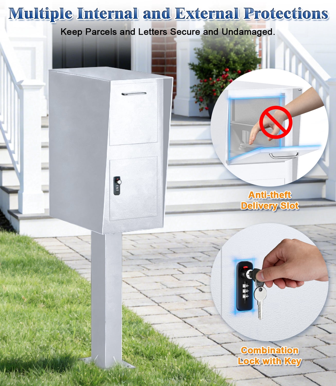 Esheno Secure Locking Mailbox Galvanized Steel with Combination Lock Key Anti Theft Rainproof for Packages Mail White